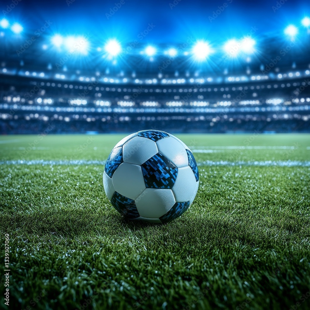 Fototapeta premium A soccer ball on a grass field in a modern stadium, illuminated by bright blue floodlights