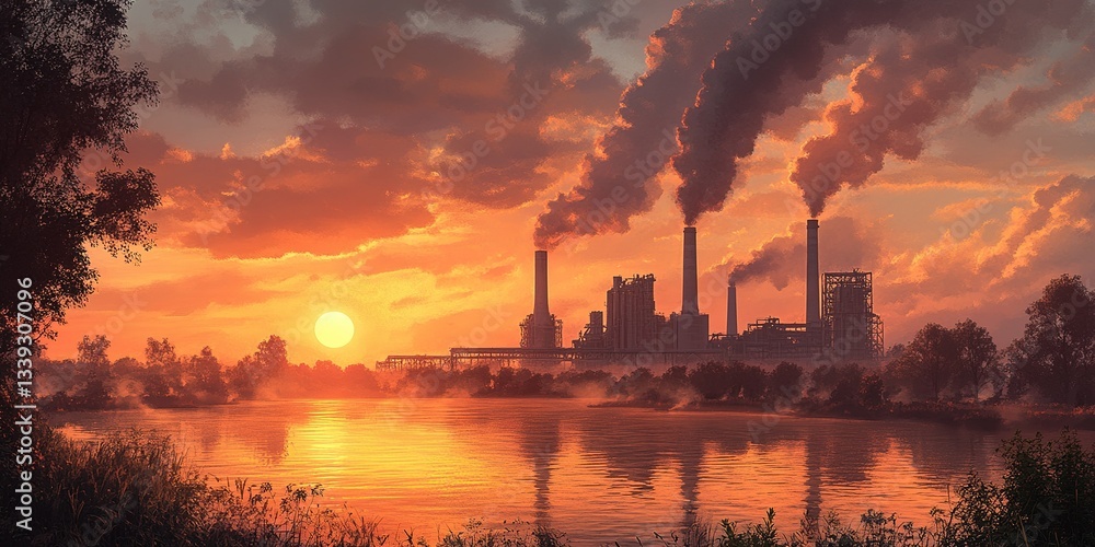Fototapeta premium Industry emits smoke by river at sunset casting orange glow across the water
