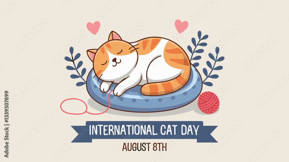 Fototapeta premium Cute Sleeping Cat Illustration for International Cat Day