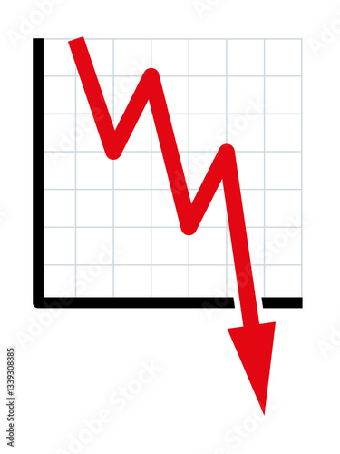 Downward trend, symbolic chart for falling prices. Decreasing red line of a diagram falls with fluctuations into the bottomless, indicating sudden heavy losses, bursting bubbles and downward movement.
