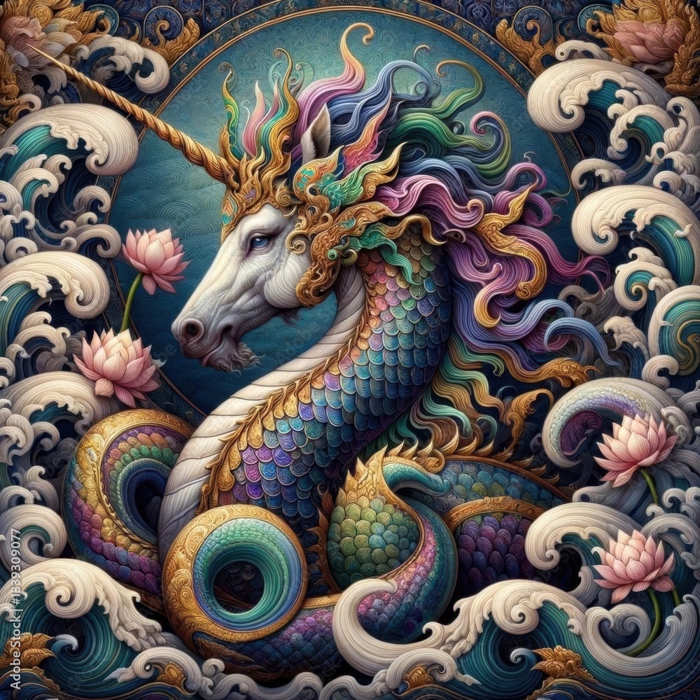 Obraz premium Vibrant Mythical Creature with Floral Accents