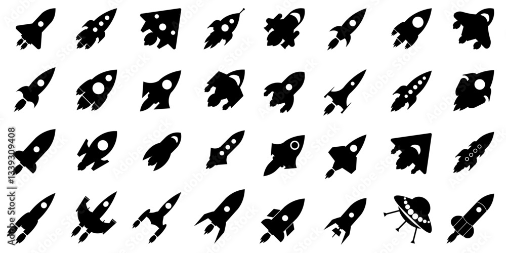 Naklejka premium Set of black rocket icons. Black rocket ship collection