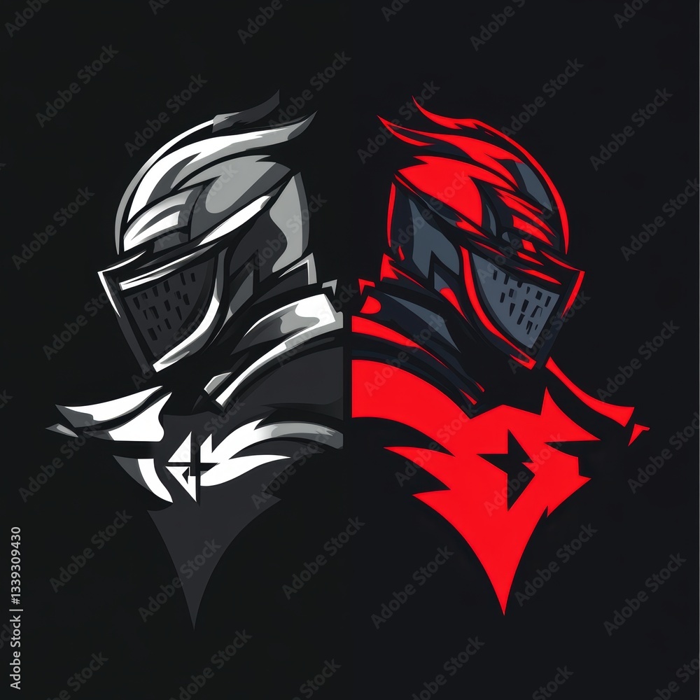 A duo of futuristic knights in black and red armor, symbolizing strategy and battle. A duo of futuristic knights in black and red armor, symbolizing strategy and battle.