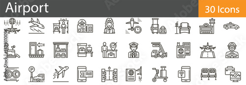 Airport Elements Line Icons Set. Collection of 30 outline icons representing airport facilities, travel, and transportation. Editable stroke vector illustration.