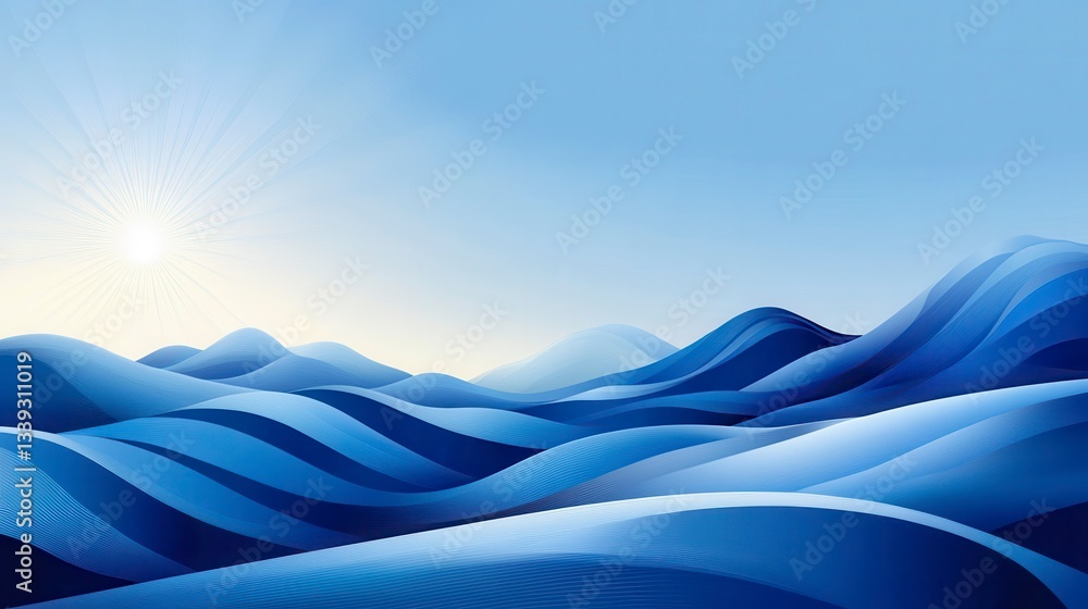 Serene Blue Abstract Landscape Sunlit Waves of Hills Serene Blue Abstract Landscape Sunlit Waves of Hills
