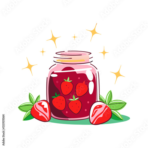 Bright vector illustration of a jar of strawberry jam surrounded by fresh strawberries and sparkles. A sweet, vibrant, and delicious food design.