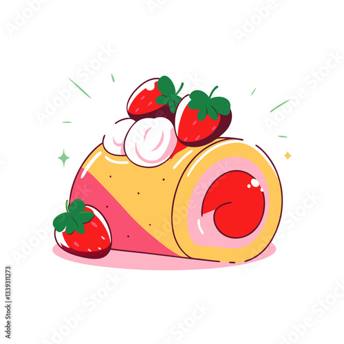 Strawberry roll cake vector featuring a golden sponge cake filled with strawberry jam, whipped cream, and fresh strawberries. Perfect for bakery, dessert, and cafe themes.