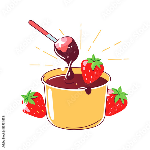 Strawberry chocolate fondue vector featuring a pot of melted chocolate with fresh strawberries and a dipping spoon. Perfect for dessert, cafe, and gourmet themes.
