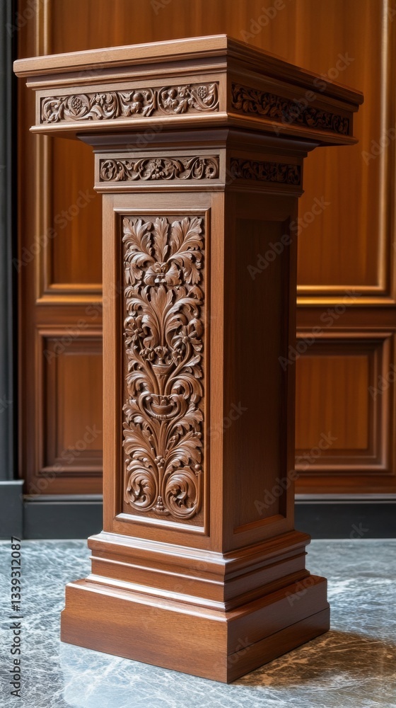 Fototapeta premium Elegant polished wooden podium with intricate engravings in a formal setting designed for speeches and presentations