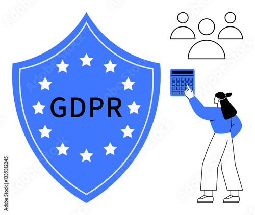 Blue shield with GDPR text, stars woman pointing at calculator group of users. Ideal for data privacy, regulation, compliance, security, calculation, identity governance. Flat simple metaphor