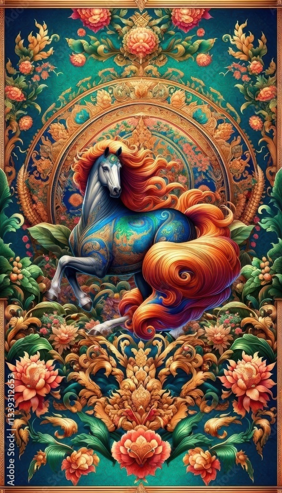 Fototapeta premium Vibrant Horse Art on Intricate Floral Design
