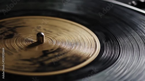 Vintage vinyl spinning on turntable with gleaming gold label details