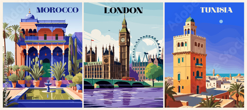 Set of Travel destination posters in retro style. London, England, Morocco, Tunisia colorful vector art illustrations