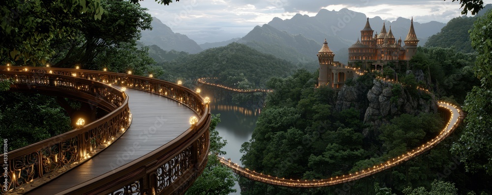 Fototapeta premium A mystical castle perched on a mountainside, connected by a winding, illuminated walkway through lush greenery and overlooking serene waters.