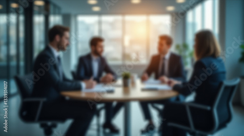 A blurred image of a business gathering in an office, where participants sit at a table with documents, and large windows let in bright light