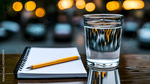 Still Life with Water and Notes: A close-up composition of a glass of water, a notepad, and a pencil. The water glass reflects the soft lights, creating a sense of calm and clarity.