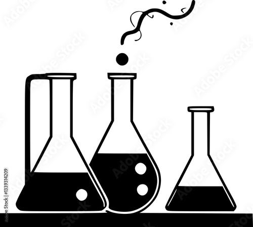 Detailed monochrome black and white laboratory lab experiment scientific research chemistry biology physics equipment setup test tubes beakers flasks machinery innovation technology discovery futurist