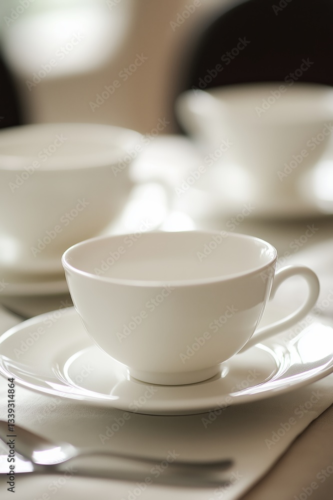 A collection of flawless white teacups arranged elegantly on a refined table, inviting a tasteful gathering. A collection of flawless white teacups arranged elegantly on a refined table, inviting a tasteful gathering.