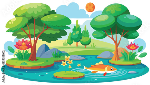 Serene Pond Scene A fish swims peacefully in a lush green landscape with vibrant flowers and trees