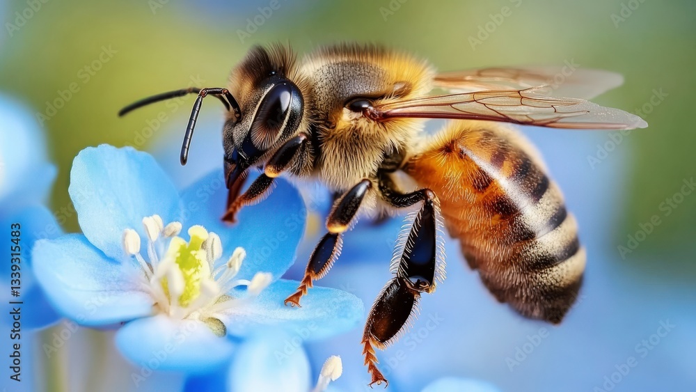 Macro photograph of a honey bee on a blue flower Macro photograph of a honey bee on a blue flower