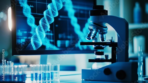 Advanced medical laboratory with microscope and digital dna analysis on screen, biotechnology and scientific research