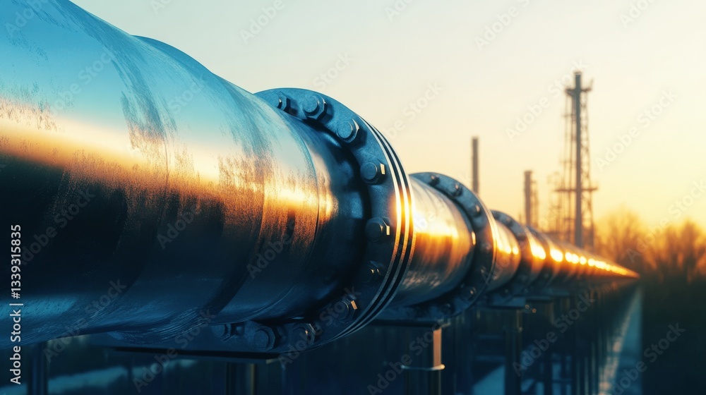 Large industrial oil pipeline at sunset with metallic reflections, energy infrastructure and petroleum transport system in a modern refinery landscape