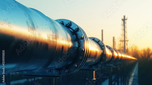 Obraz na płótnie Large industrial oil pipeline at sunset with metallic reflections, energy infrastructure and petroleum transport system in a modern refinery landscape w salonie