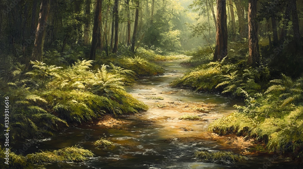 Obraz premium A gentle stream running through a moss-covered forest, with ferns growing along its banks.