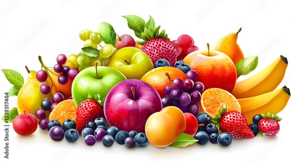 Vibrant Assortment of Fresh Fruits Including Apples, Bananas, Berries and Citrus on White Background Vibrant Assortment of Fresh Fruits Including Apples, Bananas, Berries and Citrus on White Background