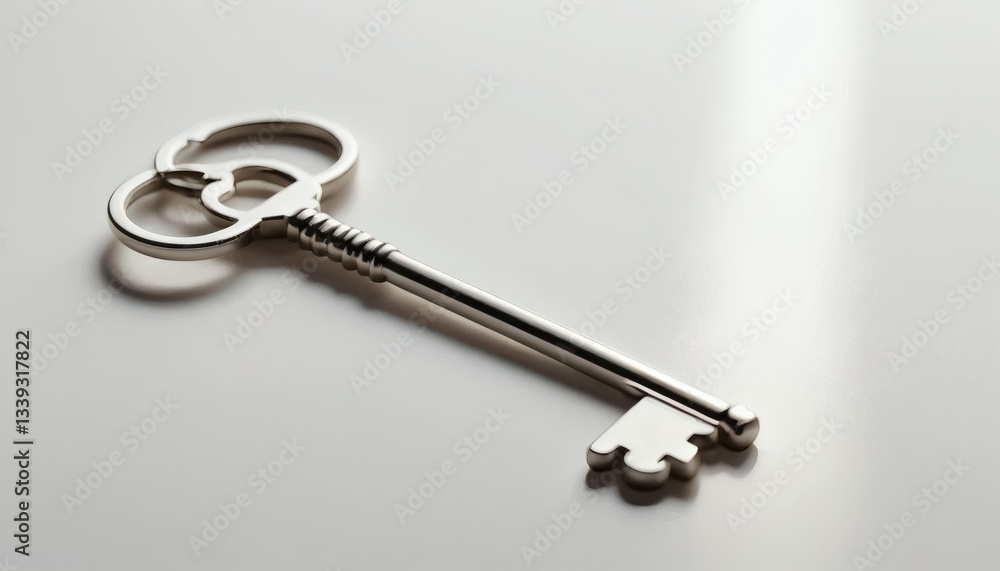 Elegant Silver Key on White Surface with Light and Shadow Detail