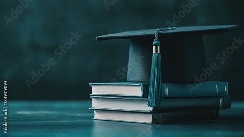 Graduation Cap Atop Stack of Books, Teal Background