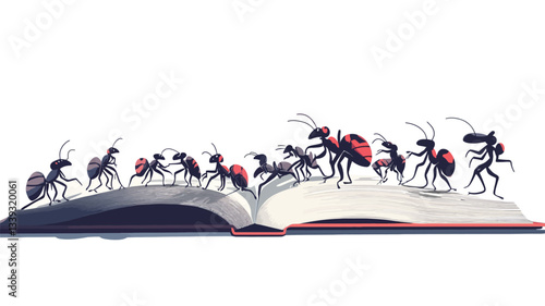 Digital illustration depicting a variety of ants and insects of varying sizes crawling across the pages of an open book against a white background. The ants are predominantly black with some