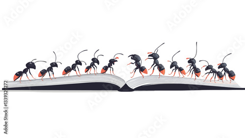 The image shows a digital illustration of numerous ants crawling on an open book against a pure white background.  The ants are predominantly black with reddish-brown accents, appearing stylized