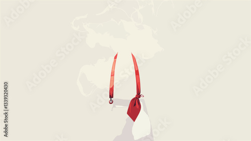 The image depicts a minimalist abstract composition.  A vaguely humanoid silhouette is suggested, primarily in shades of white and gray, with the exception of two elongated, red, ribbon-like