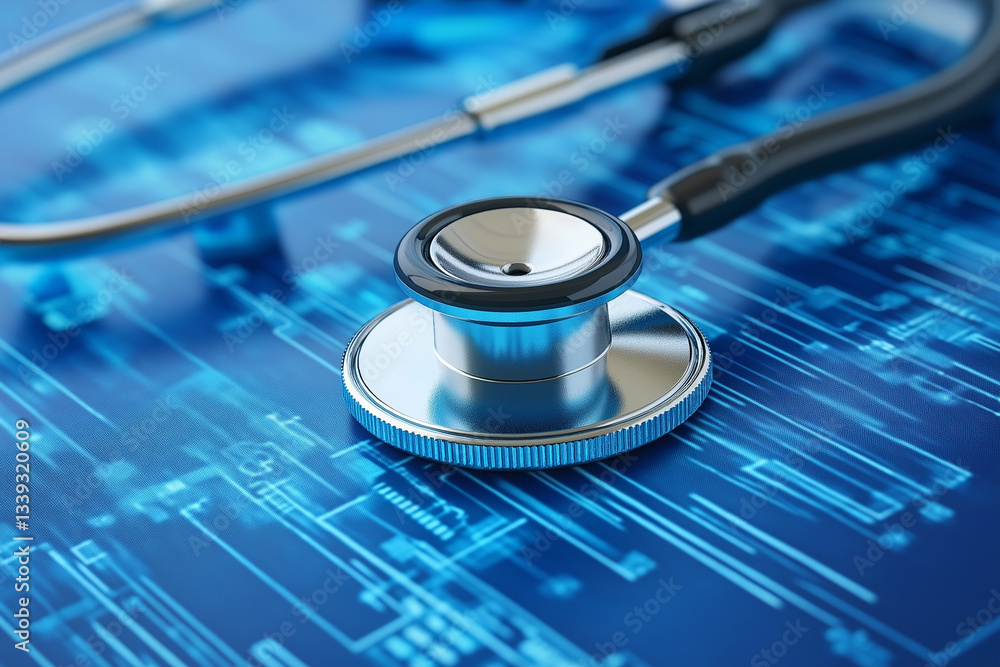 Digital Healthcare Stethoscope on Circuit Board, Medical Technology Digital Healthcare Stethoscope on Circuit Board, Medical Technology
