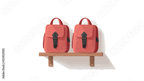 Digital illustration depicting two identical small, red backpacks with black straps situated side-by-side on a light brown wooden shelf against a white background.  The backpacks are rendered in a