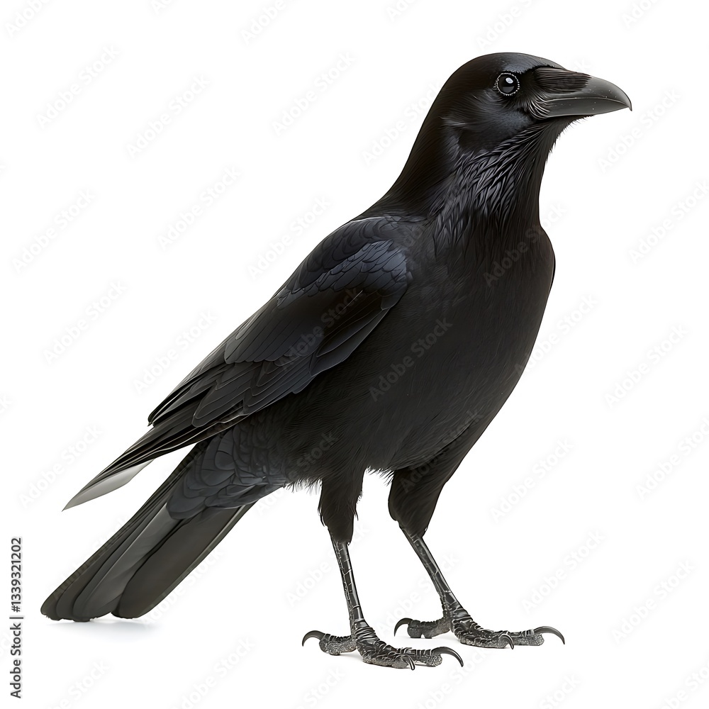 Fototapeta premium Black raven standing, posing on white background, used for nature, wildlife, education