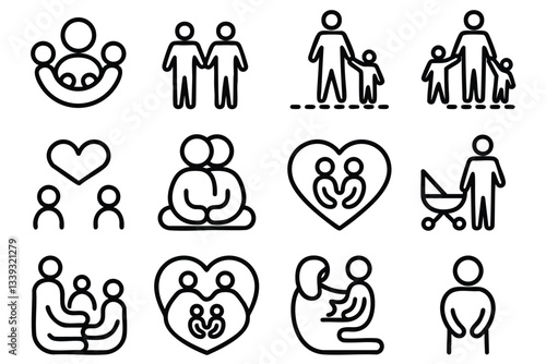 A set of black line art icons depicting various family structures and relationships