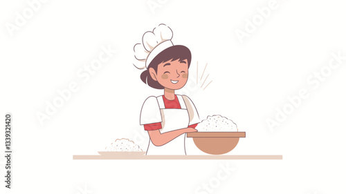 A vector illustration depicting a young woman, styled in a cartoon manner, wearing a chef's hat and apron. She is shown holding a wooden bowl containing dough, with additional dough visible on the