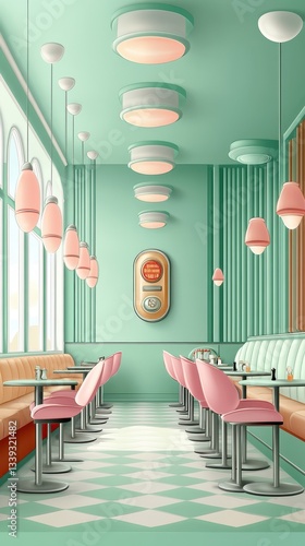 A retro styled diner interior with art deco lighting and decor