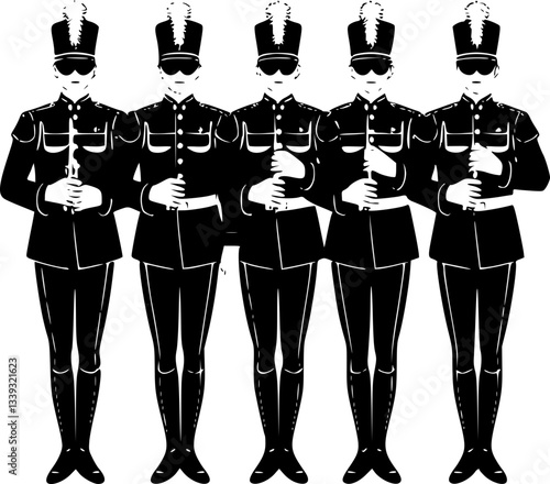 Detailed monochrome illustration of a marching band uniform with intricate patterns and textures in black and white vector art style for graphic design and print