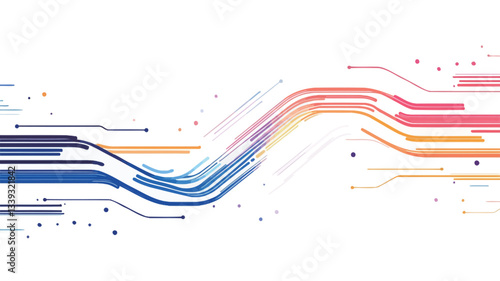 The image depicts an abstract background featuring a series of colorful circuit lines rendered in a wave-like pattern.  The lines are predominantly blue, orange, pink, and yellow, graduating in