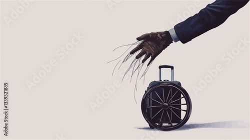 The image features a close-up shot of a dark-colored, clawed hand in a business suit, extending towards a small, dark-colored wheeled suitcase. The background is a simple, light grey. The overall