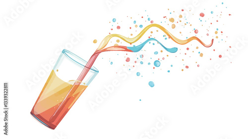 The image is an illustration of a glass of orange-toned liquid with a splash of colorful liquid arching away from the glass. The splash is depicted in an abstract, watercolor-like style with hues