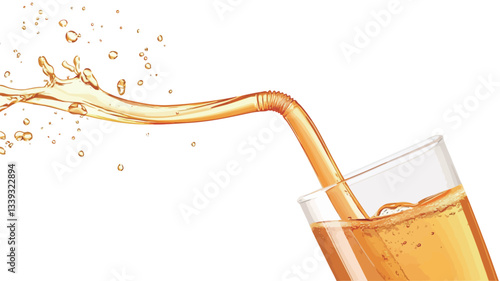 Close-up studio shot of orange juice being poured into a clear glass against a white background. The liquid creates a dynamic splash and stream with visible bubbles. The image is sharply focused,