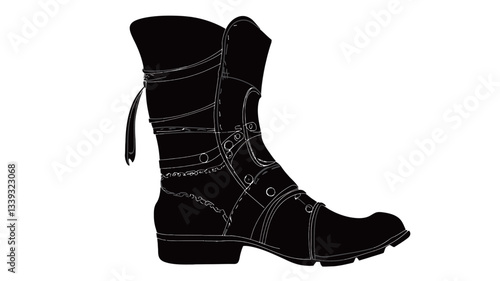 A vector illustration depicting a silhouette of a high-top boot. The boot is rendered in solid black against a white background, showing details such as straps, laces, and a slightly chunky sole.