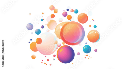 The image depicts a cluster of various-sized, translucent, glossy spheres in a range of bright, pastel colors. The bubbles overlap and are scattered against a white background. The spheres show a