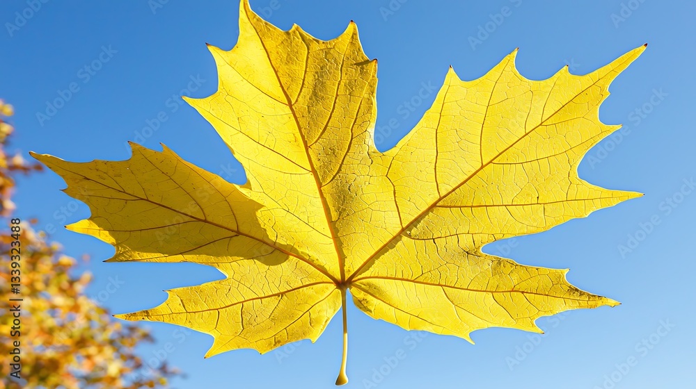 Obraz premium Bright yellow maple leaf against a blue sky, representing autumn, possibly for seasonal design