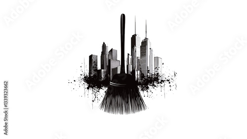 The image is a monochrome graphic illustration depicting a stylized cityscape rendered in black ink or paint on a white background. The cityscape is composed of various buildings and skyscrapers of