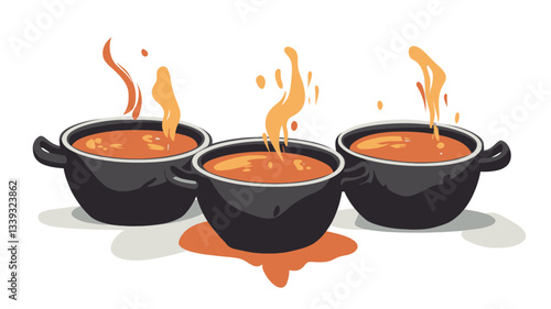 Illustration of three dark-colored, round pots filled with bright orange soup. Each pot emits steam depicted as stylized orange flames.  A small amount of orange soup is spilled on the white